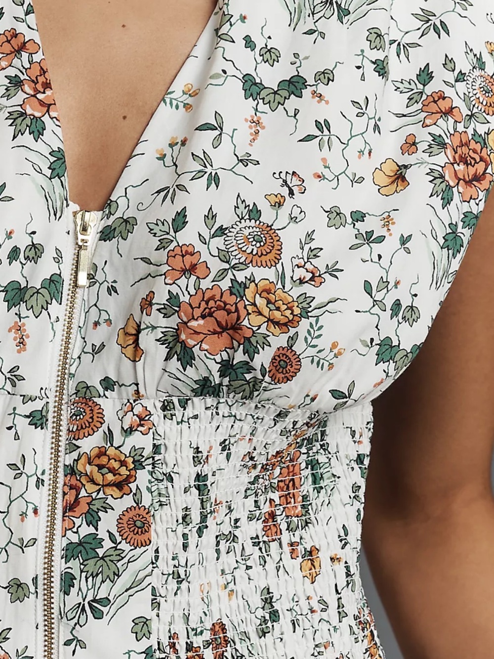 Anthropologie Cottage Garden Floral Gold Zipper Front Dress w Yellow Rust Blooms - Picture 4 of 11